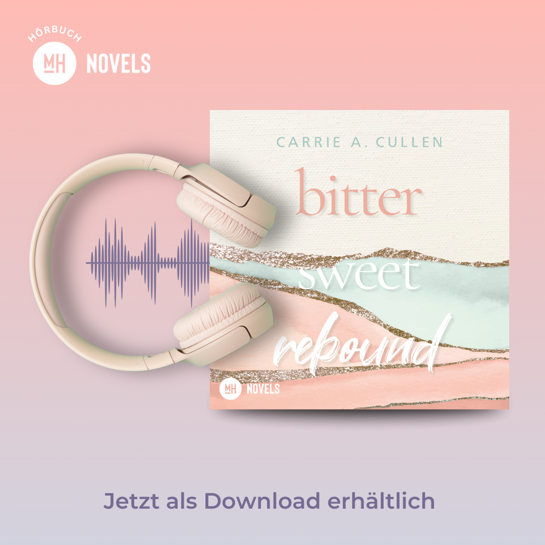 Cover des Hörbuchs "Bittersweet Rebound" von Carrie A. Cullen mit rosafarbenen Kopfhörern und Tonwellen auf einem sanften Farbverlauf, jetzt als Download erhältlich.