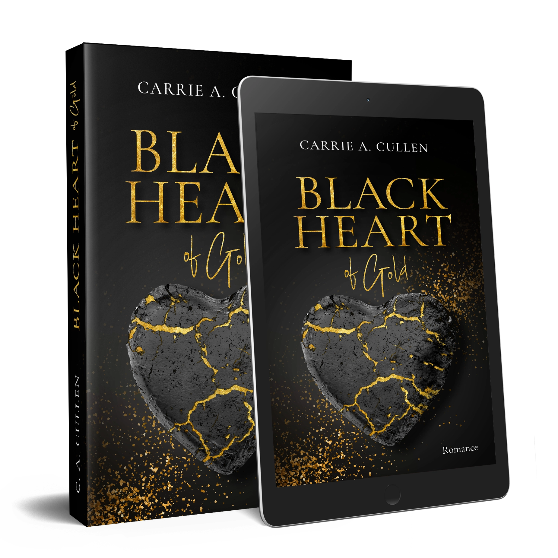 Buchcover und E-Book-Ansicht von "Black Heart of Gold" von Carrie A. Cullen, schwarzes Herz mit goldenen Adern auf dunklem Hintergrund.
