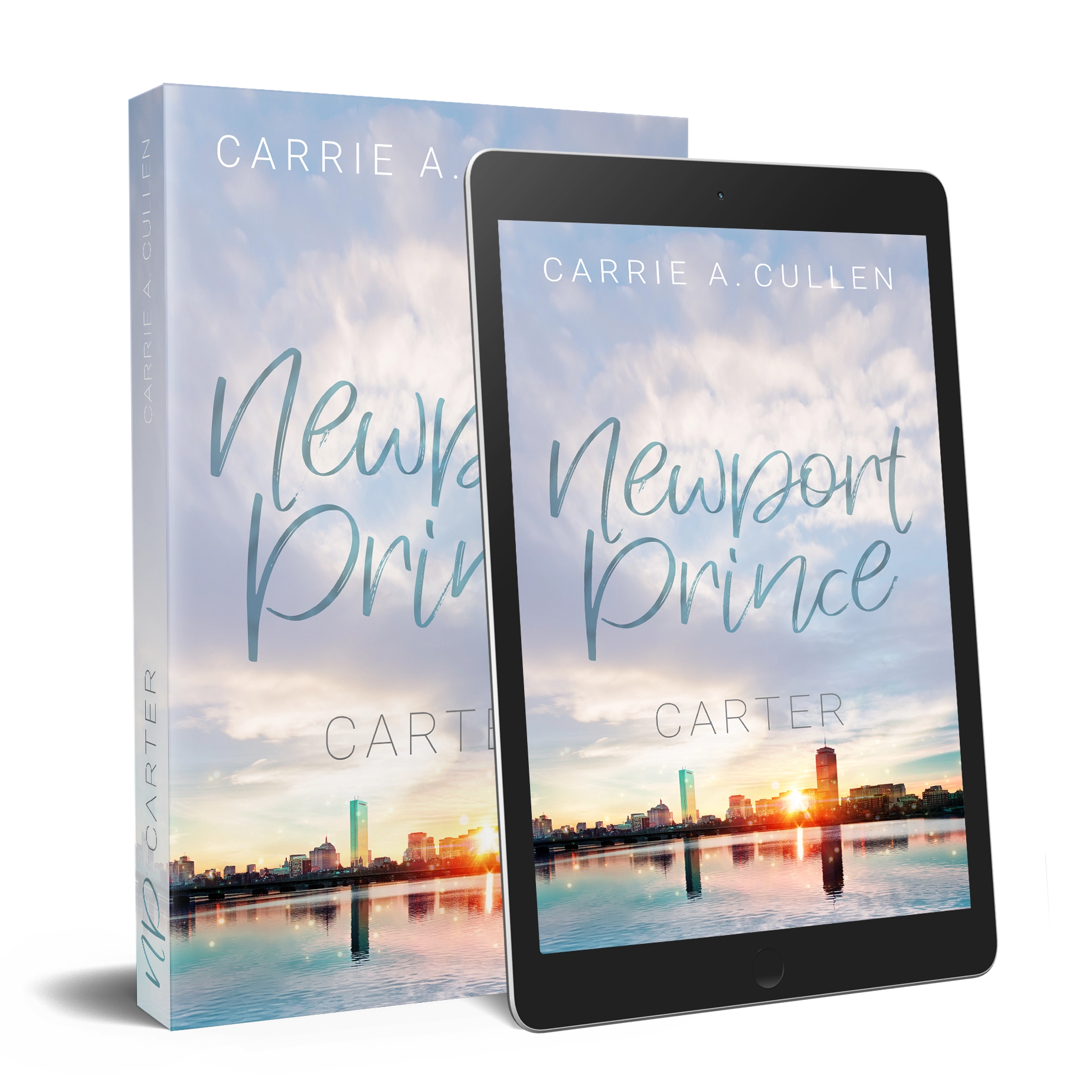Buchcover und E-Book-Ansicht von "Newport Prince – Carter" von Carrie A. Cullen, Skyline einer Stadt im Sonnenaufgang über ruhigem Wasser.