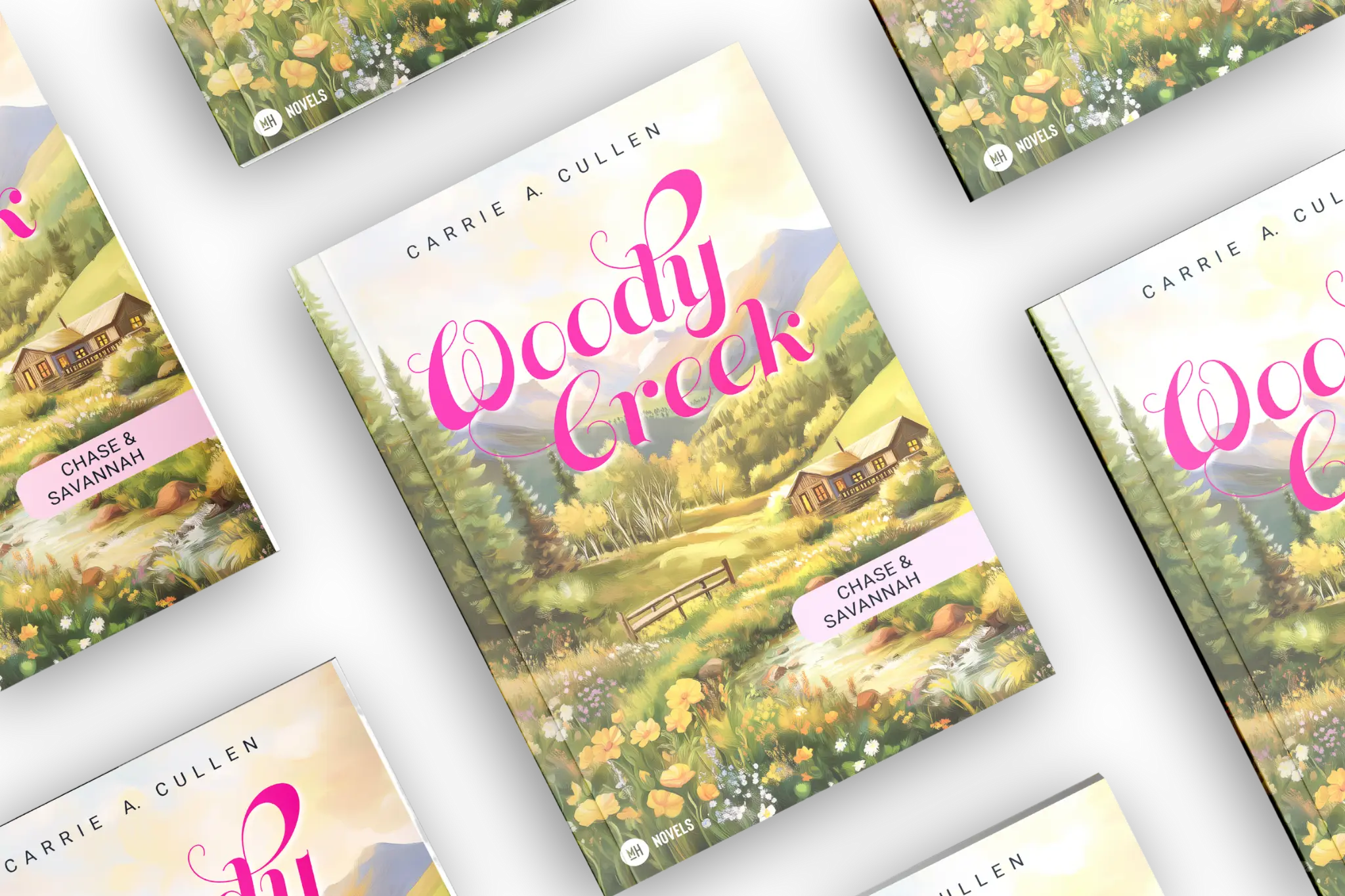 Buchcover "Woody Creek – Chase & Savannah" von Carrie A. Cullen, vor hellem Hintergrund mit blühender Natur und sanfter Bergkulisse.
