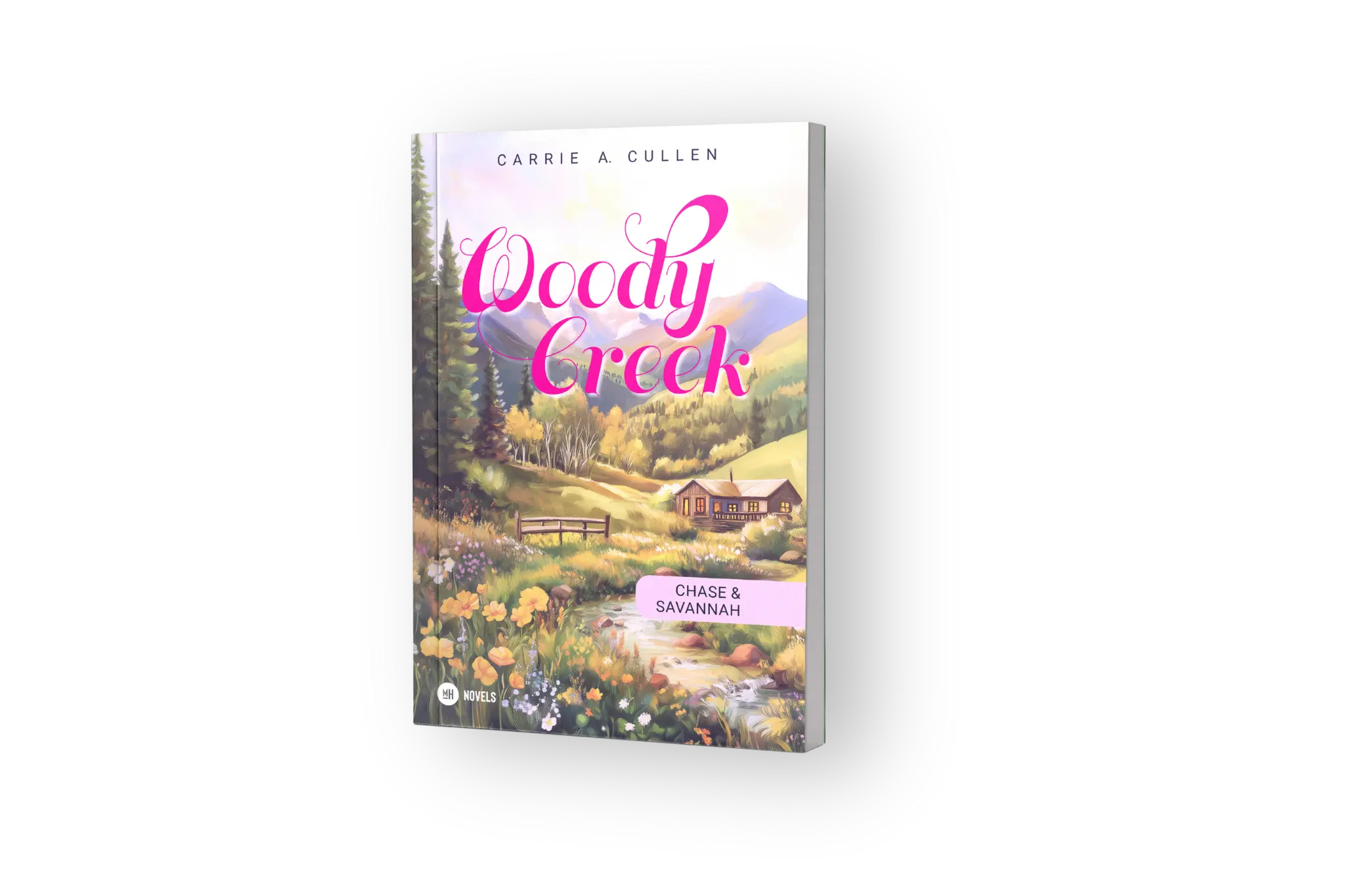 Buchcover "Woody Creek – Chase & Savannah" von Carrie A. Cullen, vor hellem Hintergrund mit blühender Natur und sanfter Bergkulisse.