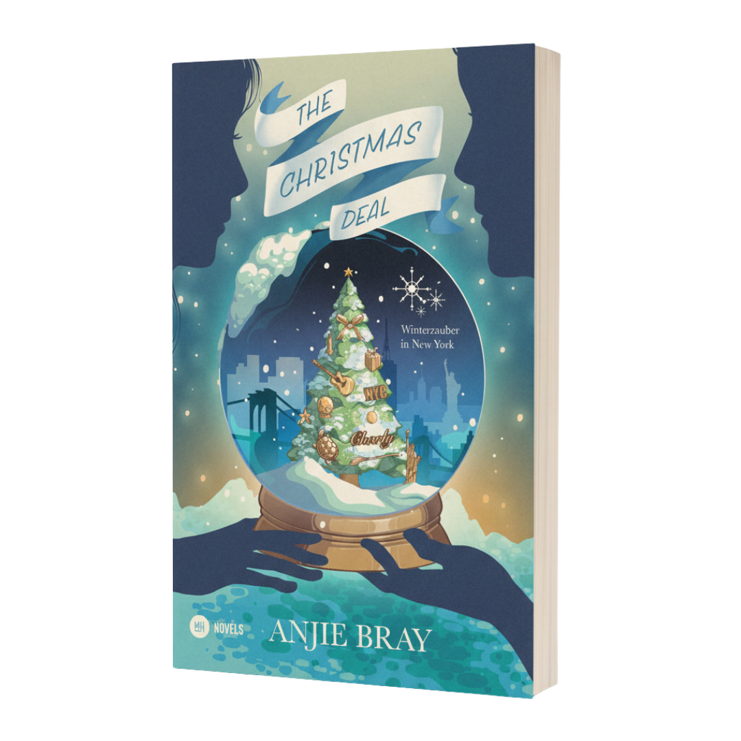 Bray–Christmas-Deal_produktbild_freigestellt Ein Buchcover mit dem Titel "The Christmas Deal" von Anjie Bray. Es zeigt eine Schneekugel mit einem Weihnachtsbaum und einer winterlichen New Yorker Skyline im Hintergrund. Zwei Silhouetten von Gesichtern blicken von den Seiten auf die Schneekugel, und Hände halten sie von unten. Der Hintergrund ist transparent.