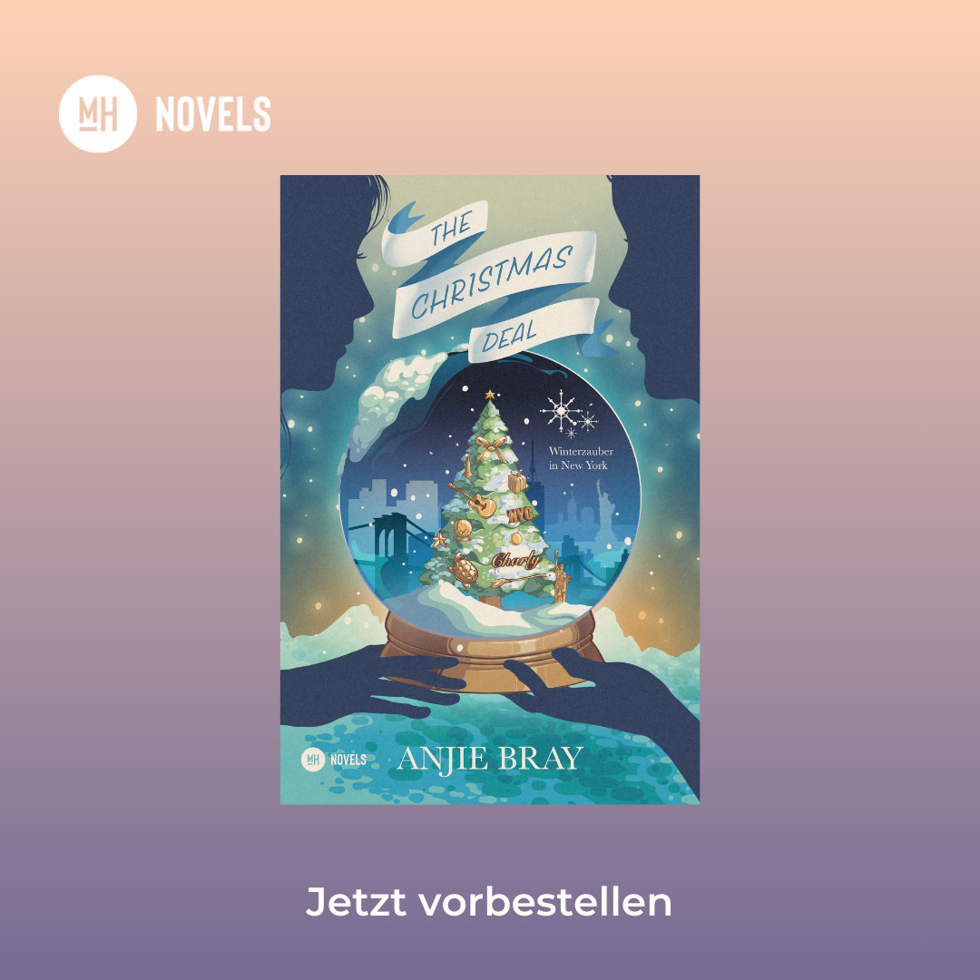 Ein 3D-Mockup eines Taschenbuchs mit dem Titel „The Christmas Deal“ von Anjie Bray. Das Cover zeigt eine Schneekugel mit einem Weihnachtsbaum und der Skyline von New York im Hintergrund. Zwei Silhouetten von Gesichtern blicken auf die Schneekugel. Der Hintergrund ist transparent und das Buch ist leicht gedreht, um die Vorderseite und einen dünnen Seitenrand auf der rechten Seite zu zeigen.