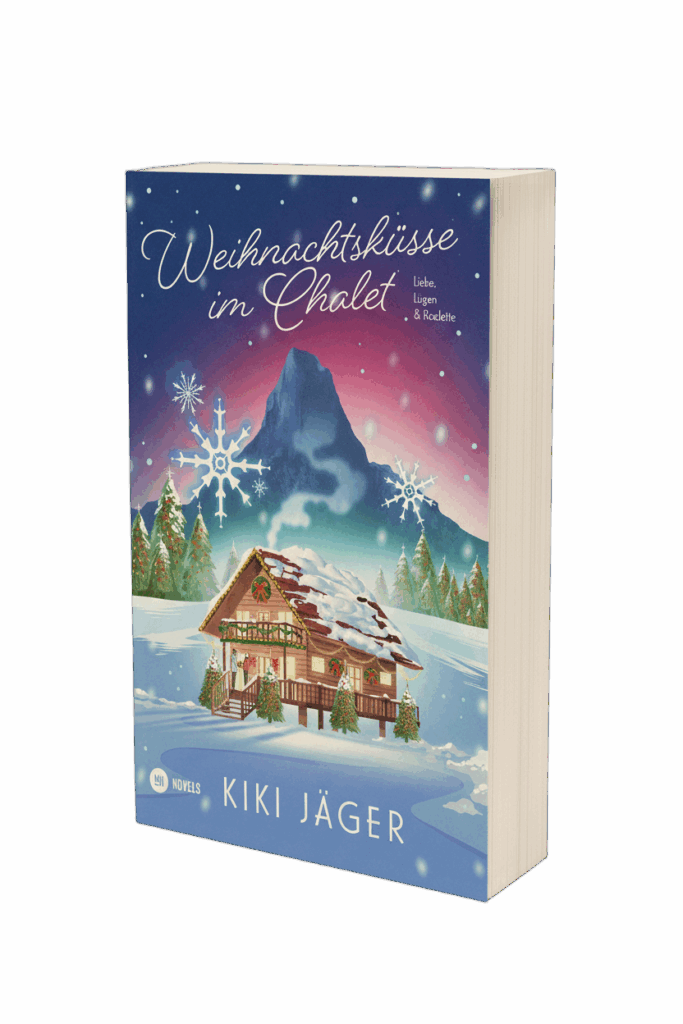 Produktbild des Covers von "Weihnachtsküsse im Chalet: Liebe, Lügen & Raclette" von Kiki Jäger, mit verschneitem Chalet vor Berglandschaft.